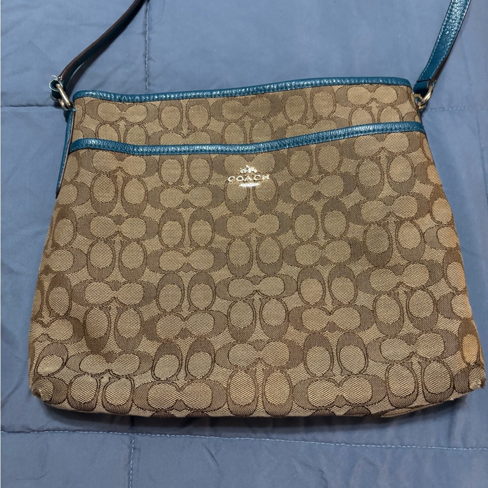 Coach Signature Crossbody File Bag.  Teal and tan